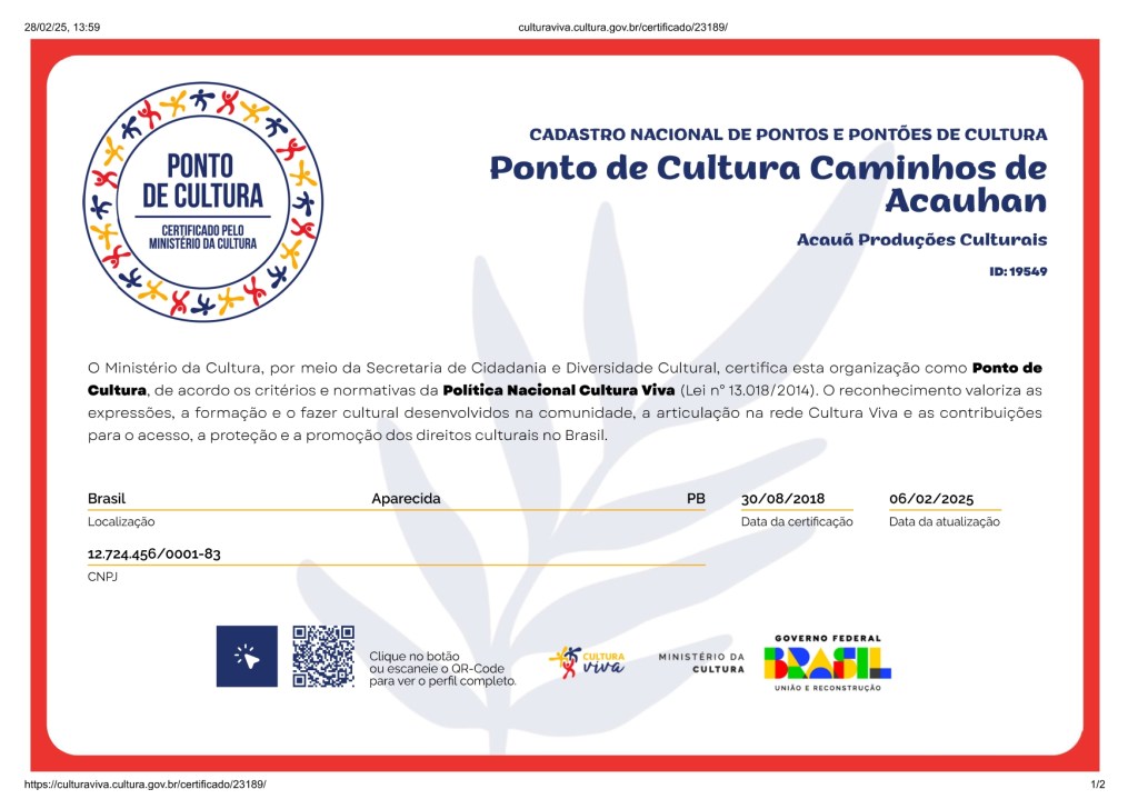 Certificado de ponto de cultura do ponto Caminhos de Acauhan
